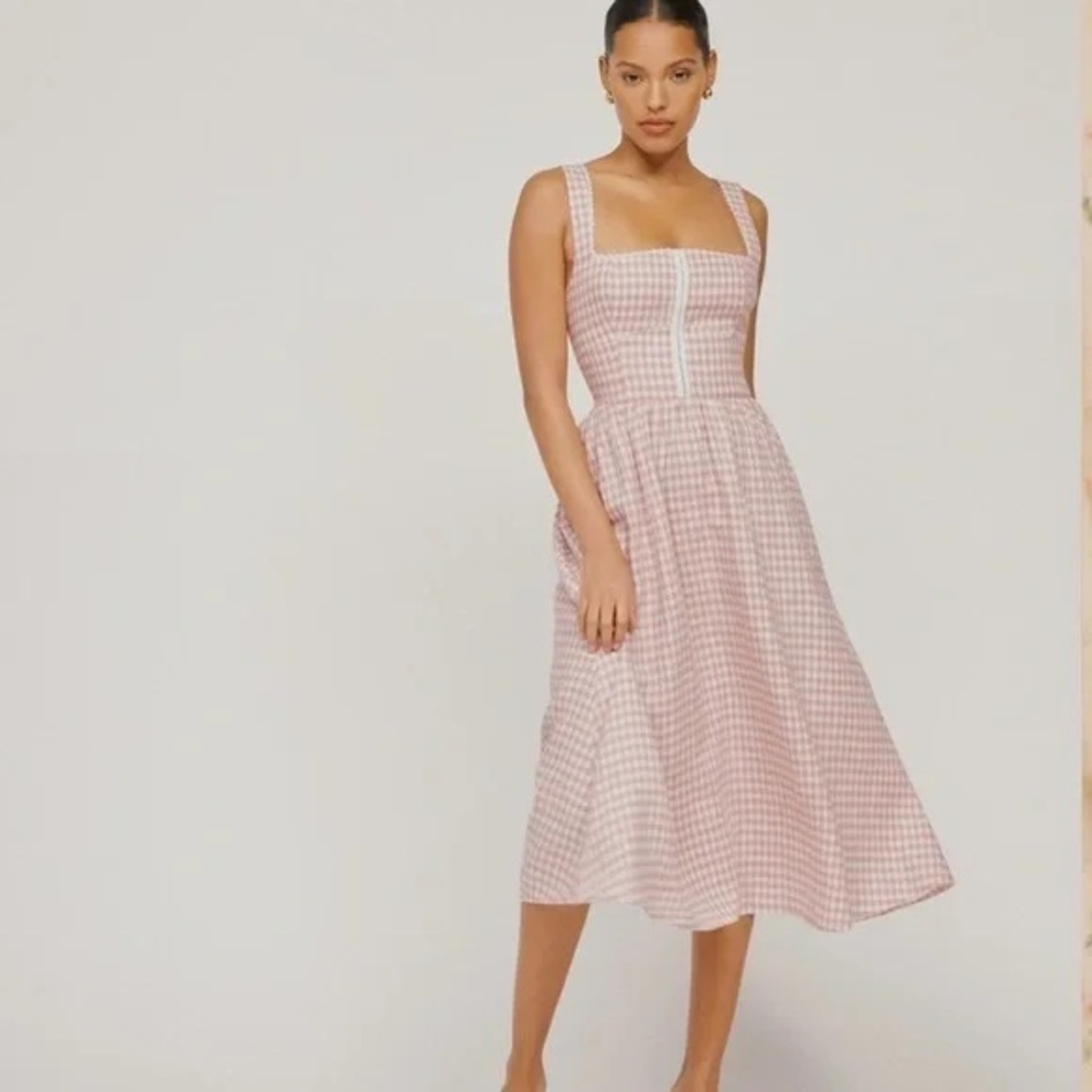 Reformation Pink Gingham Midi Dress